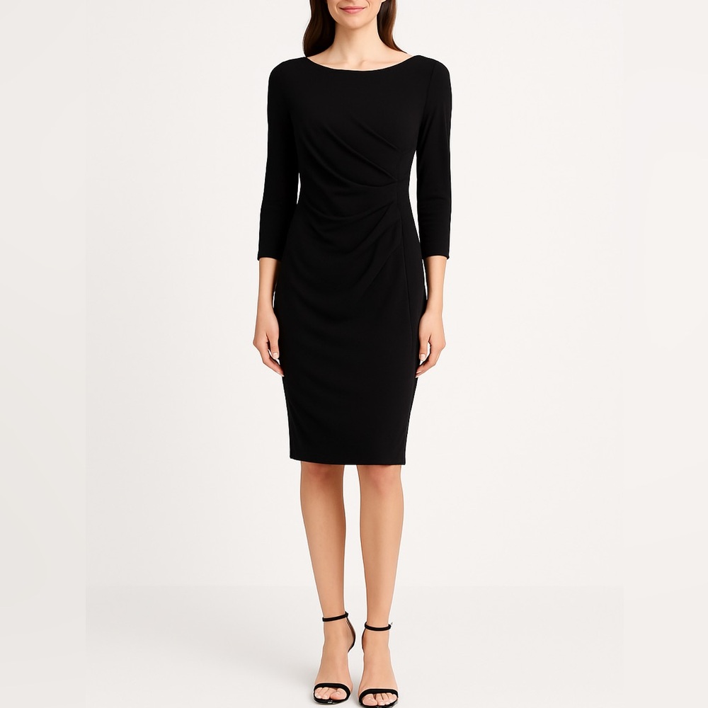 ❤️ MaxMara Black Ruched Sheath Dress Bateau Neckline 3/4 Sleeve Size 2 - Picture 6 of 13